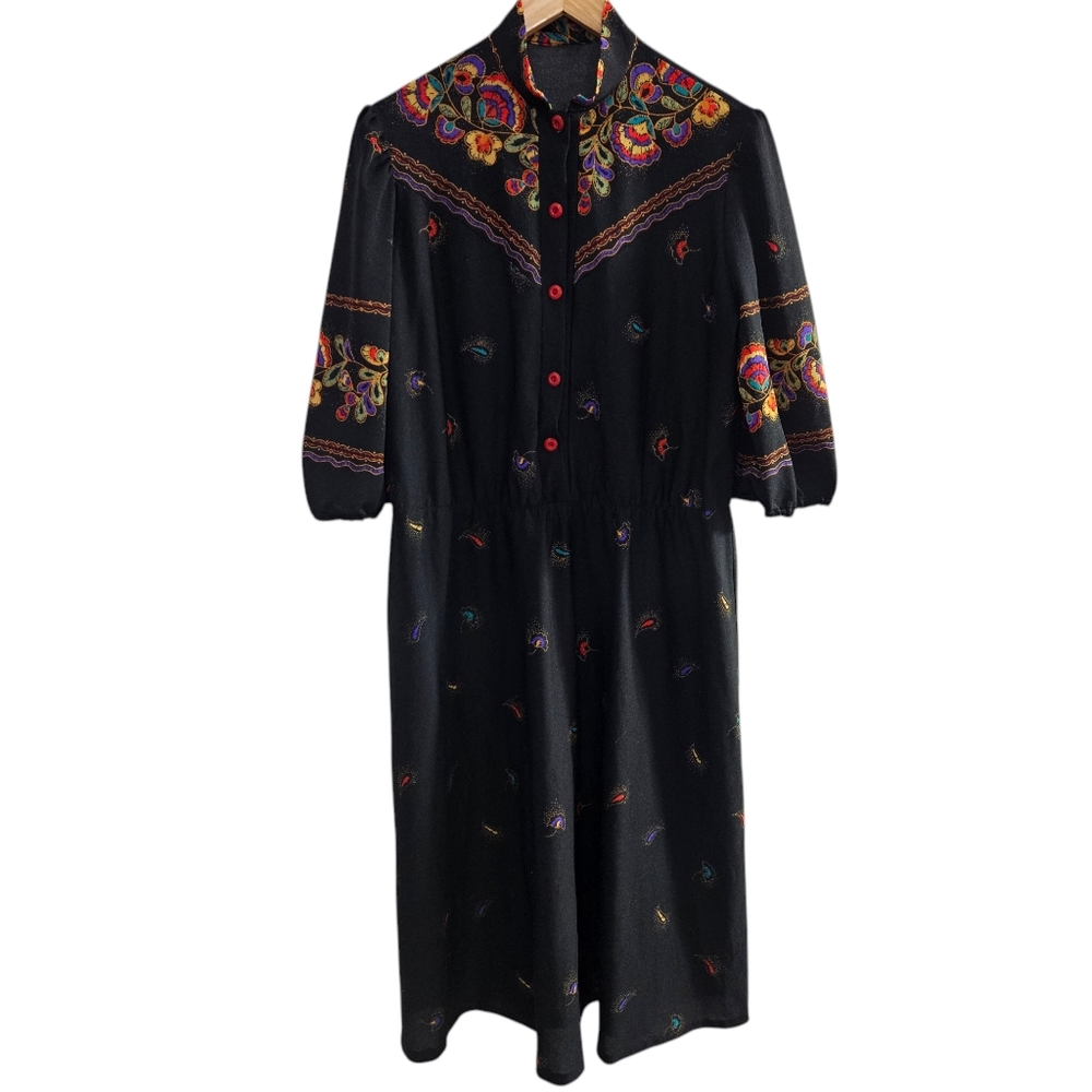Vintage Black Midi Dress with Multicolor Embroidery
